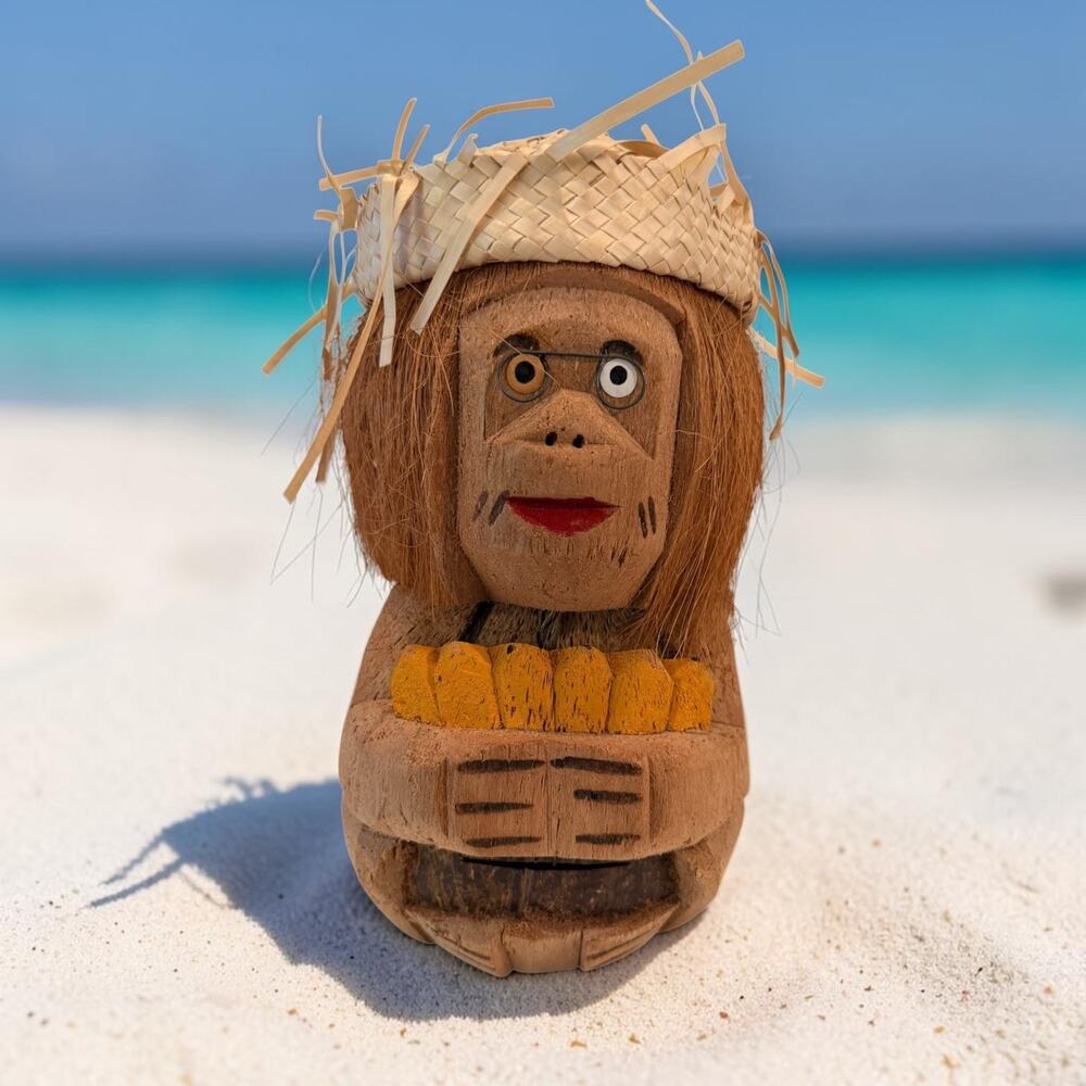 Vintage Handcrafted Monkey Figurine Sitting holding Bananas Straw Hat